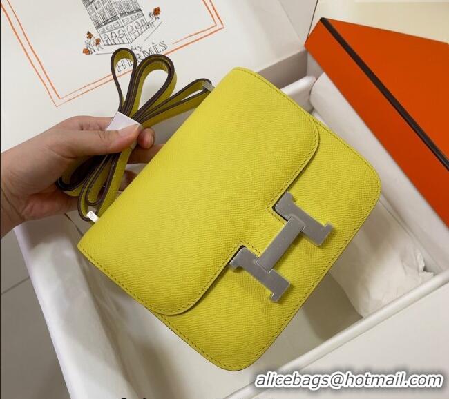 Pretty Style Hermes Constance Mini Bag 18cm in Epsom Palm-Grained Leather 8057 Lemon Yellow/Silver 2024 (Half Handmade)