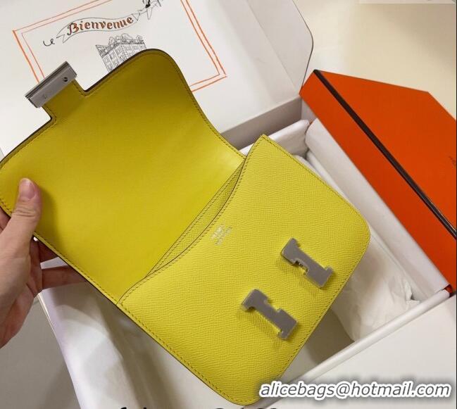 Pretty Style Hermes Constance Mini Bag 18cm in Epsom Palm-Grained Leather 8057 Lemon Yellow/Silver 2024 (Half Handmade)