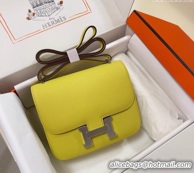 Pretty Style Hermes Constance Mini Bag 18cm in Epsom Palm-Grained Leather 8057 Lemon Yellow/Silver 2024 (Half Handmade)