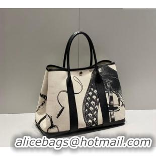 Grade Design Hermes Garden Party Bag 30/36cm in Printed Canvas and Calfskin H8109 Black 2024 (Half Handmade)