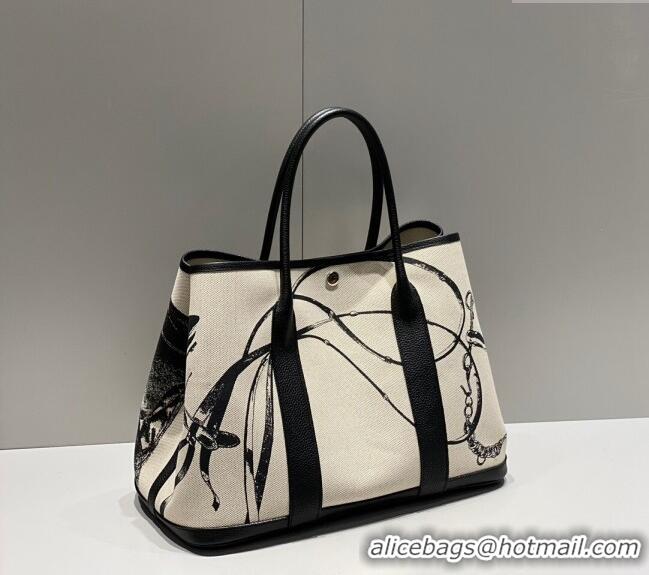 Grade Design Hermes Garden Party Bag 30/36cm in Printed Canvas and Calfskin H8109 Black 2024 (Half Handmade)