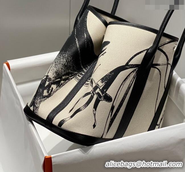 Grade Design Hermes Garden Party Bag 30/36cm in Printed Canvas and Calfskin H8109 Black 2024 (Half Handmade)