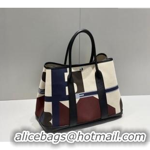 Grade Design Hermes Garden Party Bag 30/36cm in Printed Canvas and Calfskin H8109 Black/Multi 2024 (Half Handmade)