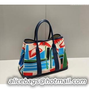 New Fashion Hermes Garden Party Bag 30/36cm in Printed Canvas and Calfskin H8109 Dark Blue 2024 (Half Handmade)