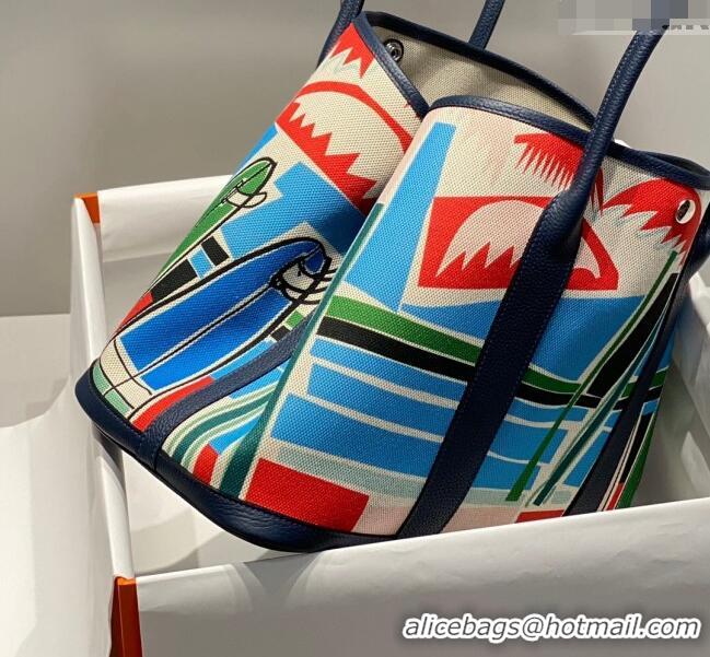 New Fashion Hermes Garden Party Bag 30/36cm in Printed Canvas and Calfskin H8109 Dark Blue 2024 (Half Handmade)