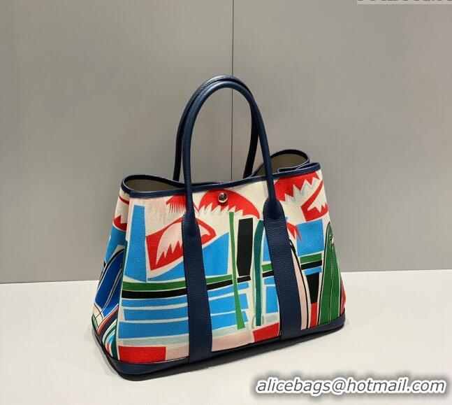 New Fashion Hermes Garden Party Bag 30/36cm in Printed Canvas and Calfskin H8109 Dark Blue 2024 (Half Handmade)