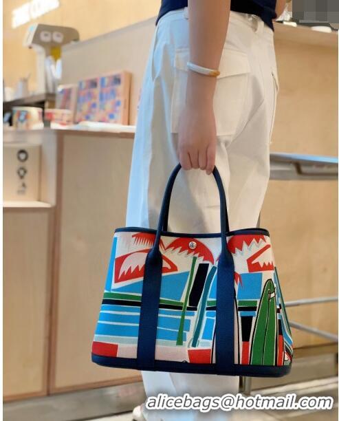 New Fashion Hermes Garden Party Bag 30/36cm in Printed Canvas and Calfskin H8109 Dark Blue 2024 (Half Handmade)