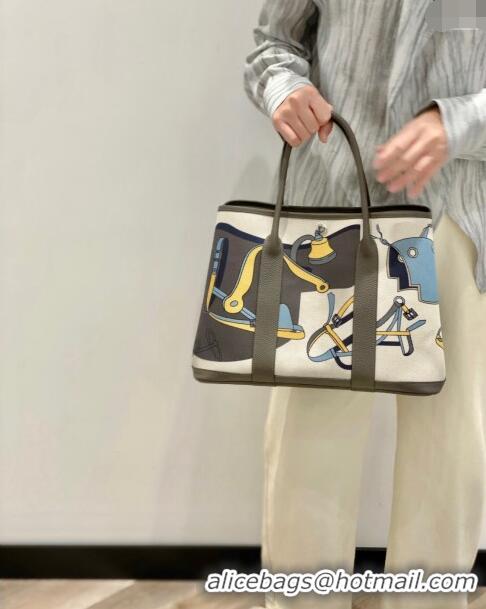 Popular Style Hermes Garden Party Bag 30/36cm in Printed Canvas and Calfskin H8109 Etain Grey 2024 (Half Handmade)