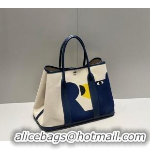 Luxury Cheap Hermes Garden Party Bag 30/36cm in Printed Canvas and Calfskin H8109 Blue Teddy Dog 2024 (Half Handmade)