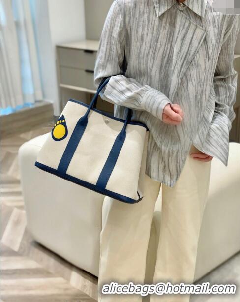 Luxury Cheap Hermes Garden Party Bag 30/36cm in Printed Canvas and Calfskin H8109 Blue Teddy Dog 2024 (Half Handmade)