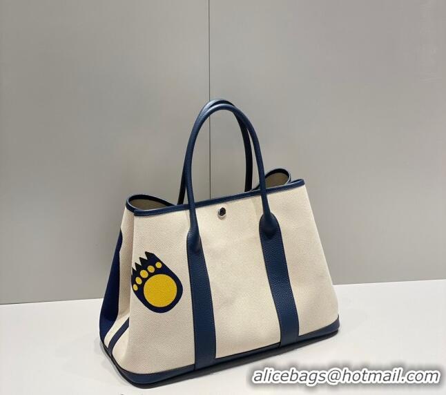 Luxury Cheap Hermes Garden Party Bag 30/36cm in Printed Canvas and Calfskin H8109 Blue Teddy Dog 2024 (Half Handmade)