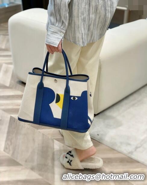 Luxury Cheap Hermes Garden Party Bag 30/36cm in Printed Canvas and Calfskin H8109 Blue Teddy Dog 2024 (Half Handmade)