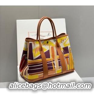 Good Taste Hermes Garden Party Bag 30/36cm in Printed Canvas and Calfskin H8109 Brown/Yellow 2024 (Half Handmade)