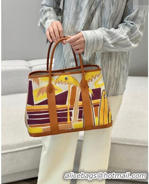 Good Taste Hermes Garden Party Bag 30/36cm in Printed Canvas and Calfskin H8109 Brown/Yellow 2024 (Half Handmade)