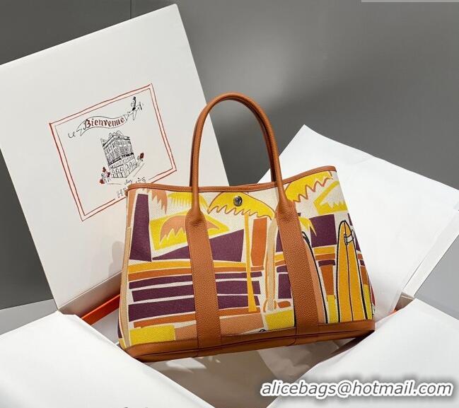 Good Taste Hermes Garden Party Bag 30/36cm in Printed Canvas and Calfskin H8109 Brown/Yellow 2024 (Half Handmade)