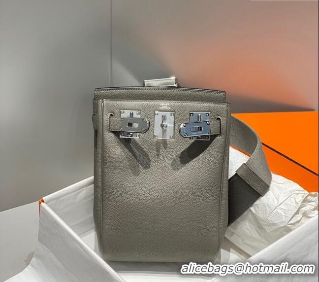 Luxury Cheap Hermes Birkin Hac a Dos Bag in Original Grained Calfskin 8123 Cloud Grey 2024