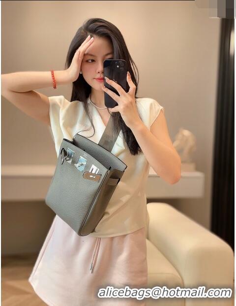 Luxury Cheap Hermes Birkin Hac a Dos Bag in Original Grained Calfskin 8123 Cloud Grey 2024