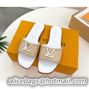 Luxury Louis Vuitton LV Capri Flat Slides Sandal in Raffia Straw White 0815102