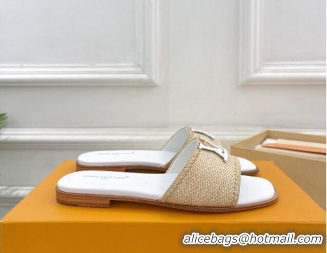 Luxury Louis Vuitton LV Capri Flat Slides Sandal in Raffia Straw White 0815102