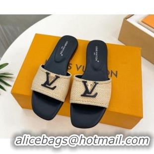 Good Quality Louis Vuitton LV Capri Flat Slides Sandal in Raffia Straw Black 815103