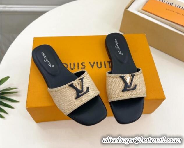 Good Quality Louis Vuitton LV Capri Flat Slides Sandal in Raffia Straw Black 815103