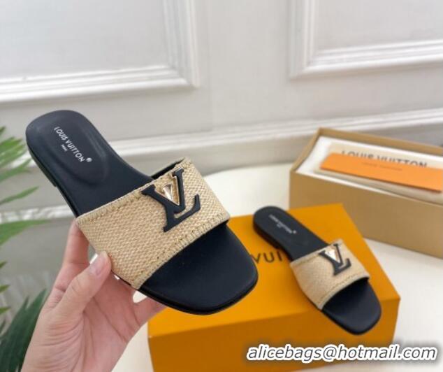 Good Quality Louis Vuitton LV Capri Flat Slides Sandal in Raffia Straw Black 815103