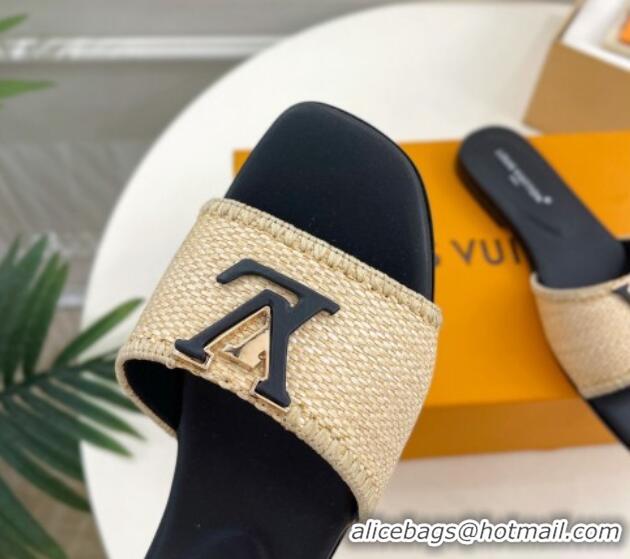 Good Quality Louis Vuitton LV Capri Flat Slides Sandal in Raffia Straw Black 815103