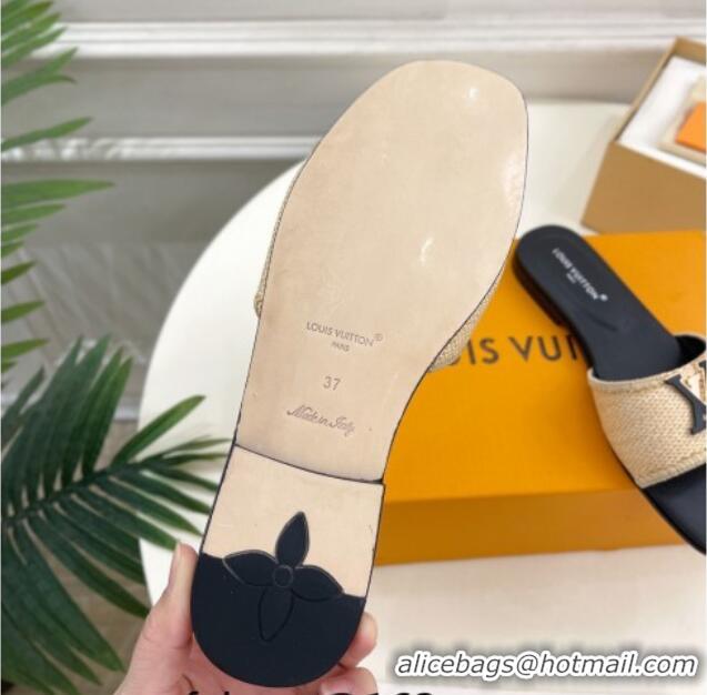 Good Quality Louis Vuitton LV Capri Flat Slides Sandal in Raffia Straw Black 815103