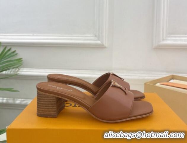 Big Discount Louis Vuitton LV Capri Heel Slides Sandal 5cm in Calf Leather Brown 815105