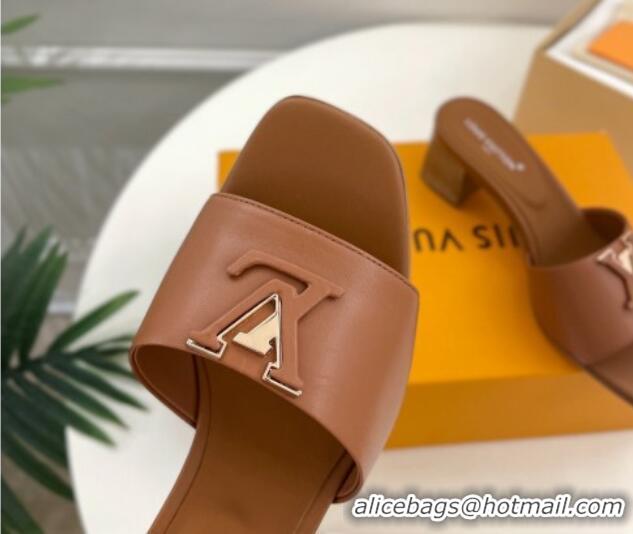 Big Discount Louis Vuitton LV Capri Heel Slides Sandal 5cm in Calf Leather Brown 815105