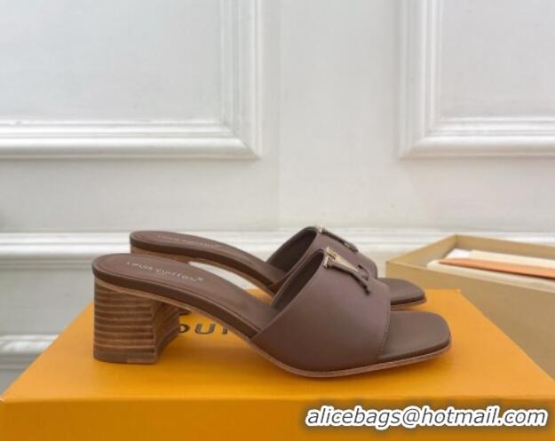 Grade Quality Louis Vuitton LV Capri Heel Slides Sandal 5cm in Calf Leather Dark Brown 0815106