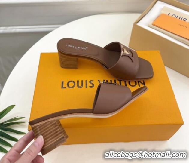 Grade Quality Louis Vuitton LV Capri Heel Slides Sandal 5cm in Calf Leather Dark Brown 0815106