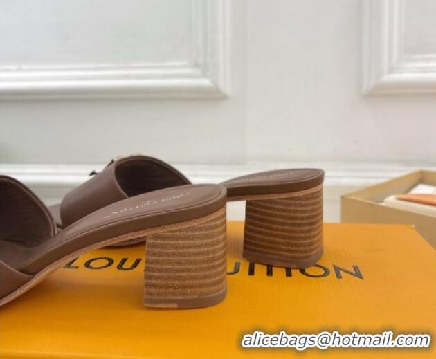 Grade Quality Louis Vuitton LV Capri Heel Slides Sandal 5cm in Calf Leather Dark Brown 0815106