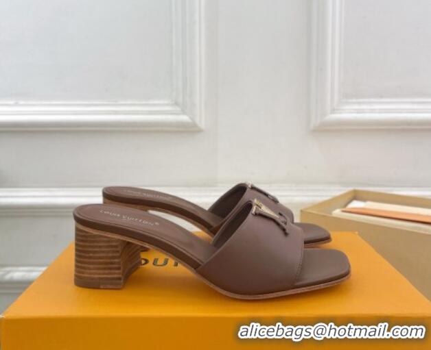 Grade Quality Louis Vuitton LV Capri Heel Slides Sandal 5cm in Calf Leather Dark Brown 0815106