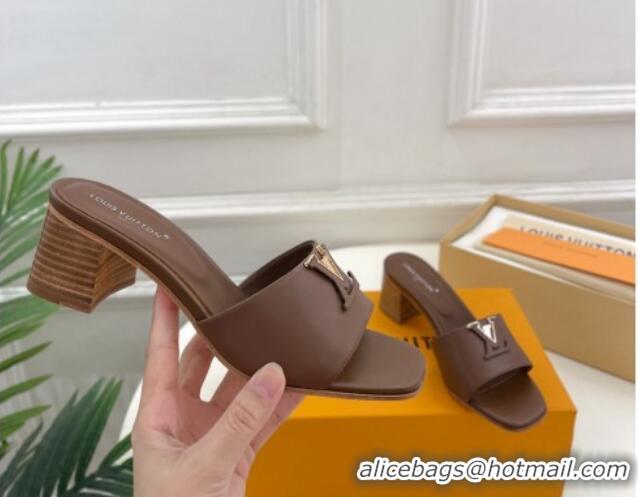 Grade Quality Louis Vuitton LV Capri Heel Slides Sandal 5cm in Calf Leather Dark Brown 0815106