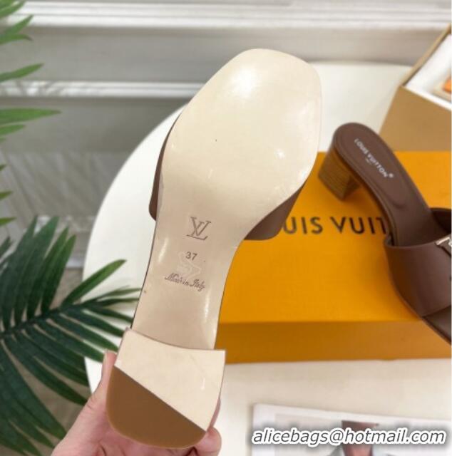 Grade Quality Louis Vuitton LV Capri Heel Slides Sandal 5cm in Calf Leather Dark Brown 0815106