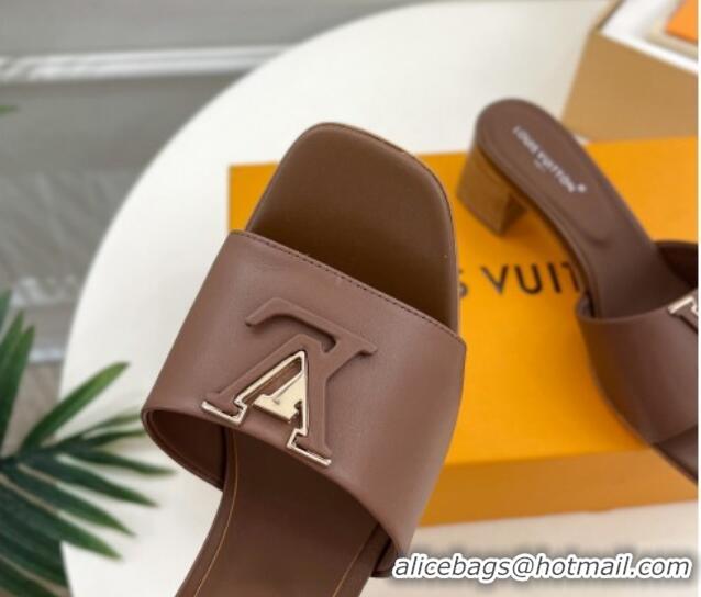 Grade Quality Louis Vuitton LV Capri Heel Slides Sandal 5cm in Calf Leather Dark Brown 0815106