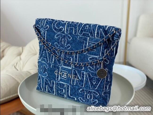 Free Shipping Chanel 22 Denim Small Shopping Bag AS3260 Blue 2024