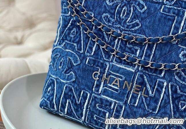 Free Shipping Chanel 22 Denim Small Shopping Bag AS3260 Blue 2024