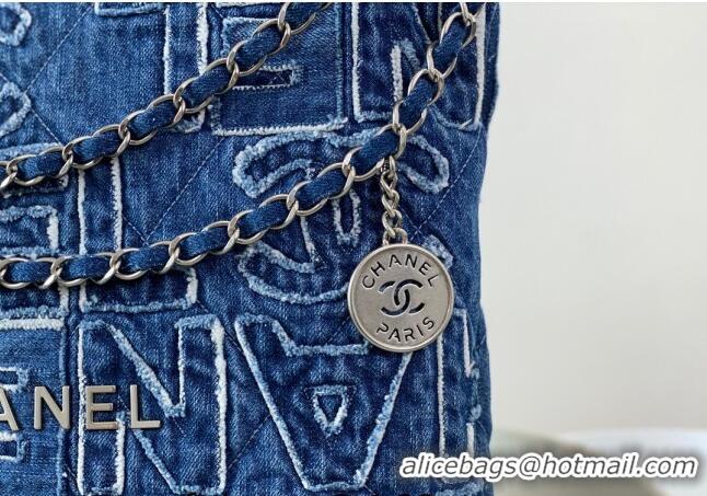 Free Shipping Chanel 22 Denim Small Shopping Bag AS3260 Blue 2024