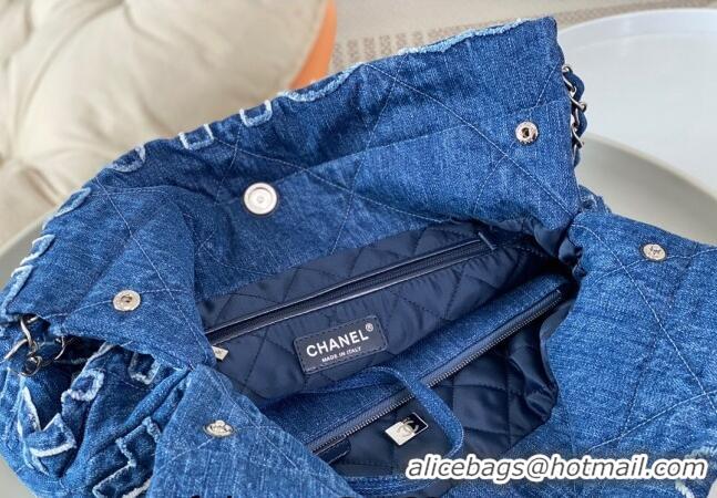 Free Shipping Chanel 22 Denim Small Shopping Bag AS3260 Blue 2024