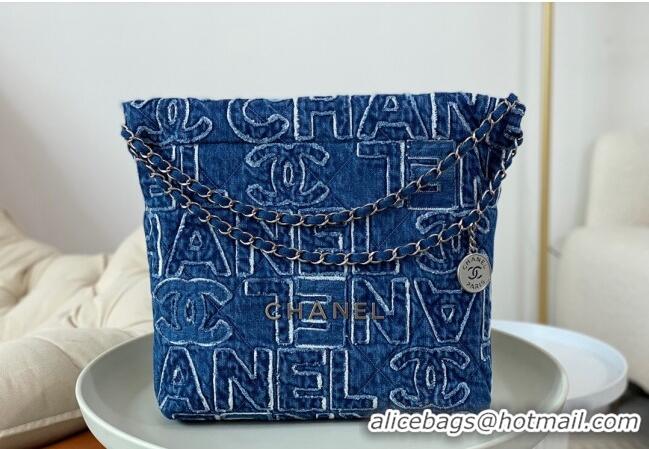 Free Shipping Chanel 22 Denim Small Shopping Bag AS3260 Blue 2024