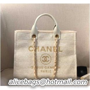 Spot Bulk Chanel Deauville Mixed Fibers and Calfskin Shopping Bag A66941 Beige/White 2024