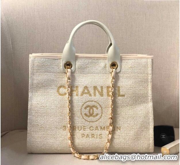 Spot Bulk Chanel Deauville Mixed Fibers and Calfskin Shopping Bag A66941 Beige/White 2024