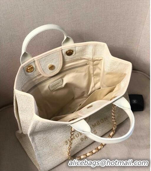 Spot Bulk Chanel Deauville Mixed Fibers and Calfskin Shopping Bag A66941 Beige/White 2024