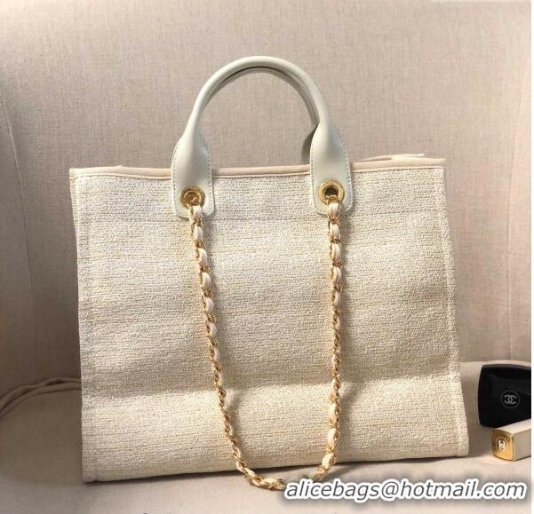 Spot Bulk Chanel Deauville Mixed Fibers and Calfskin Shopping Bag A66941 Beige/White 2024