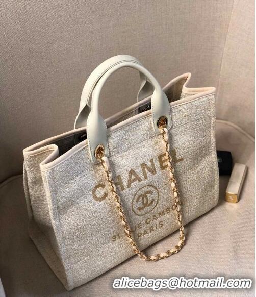 Spot Bulk Chanel Deauville Mixed Fibers and Calfskin Shopping Bag A66941 Beige/White 2024