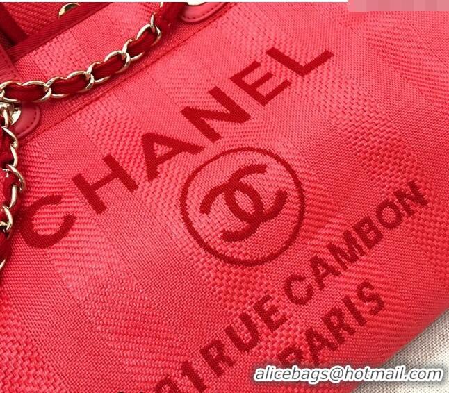 Spot Discount Chanel Deauville Mixed Fibers and Calfskin Shopping Bag A66941 Red 2024