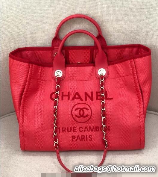 Spot Discount Chanel Deauville Mixed Fibers and Calfskin Shopping Bag A66941 Red 2024