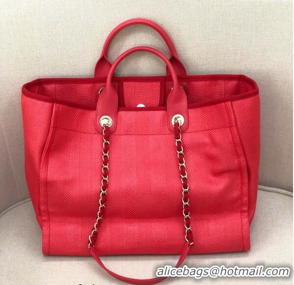 Spot Discount Chanel Deauville Mixed Fibers and Calfskin Shopping Bag A66941 Red 2024